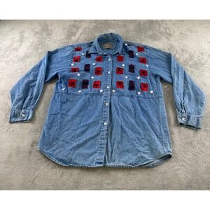 Tantrum Blues Womens Large Denim Star Patchwork Button Down Shirt Americana Blue